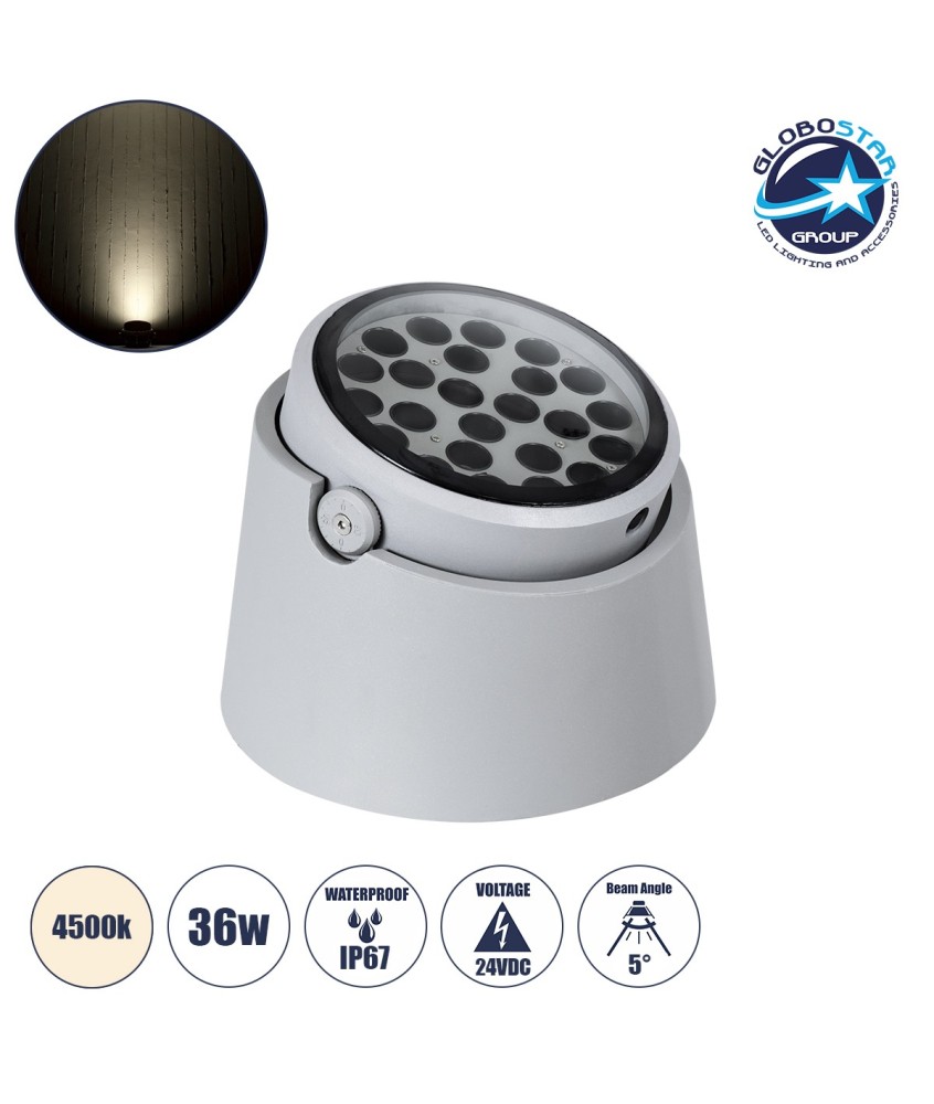 GloboStar® FLOOD-RANA 90490 Κινούμενος Προβολέας - Σποτ Φωτισμού Wall Washer για Φωτισμό Κτιρίων LED 36W 3420lm 5° DC 24V Αδιάβροχο IP67 Φ26.5 x Υ20cm Φυσικό Λευκό 4500K - Γκρι - 3 Years Warranty